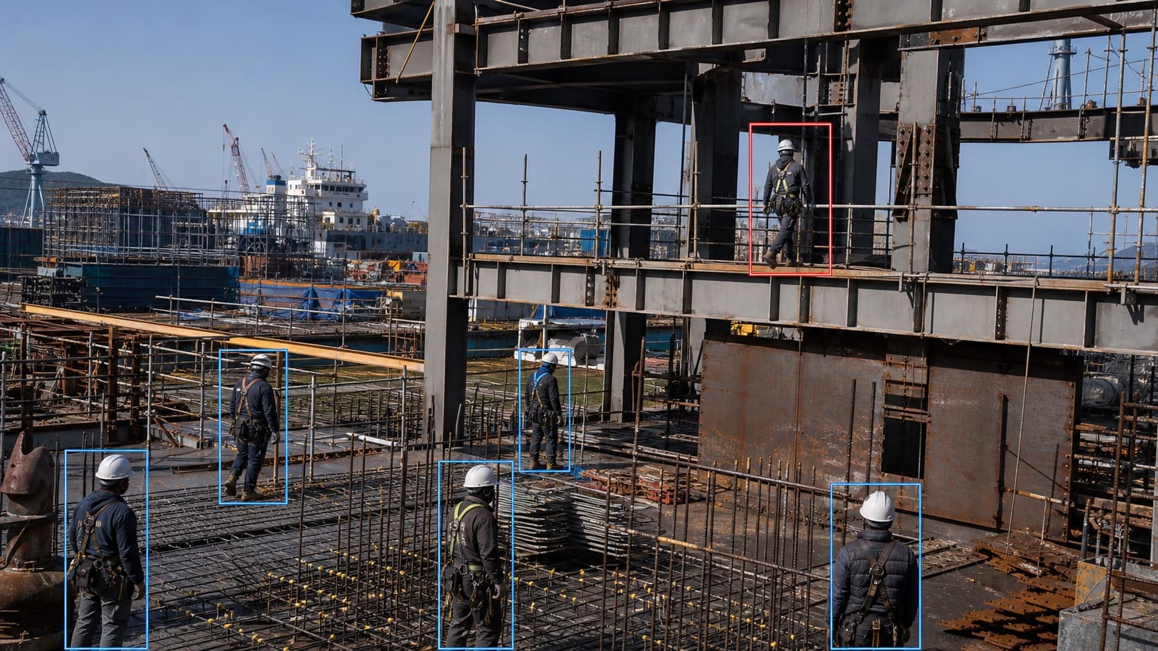 ตัวอย่างการดำเนินงาน CORVIS CV แสดงคนงานที่ไซต์งานเหล็กพร้อมกล่องตรวจจับสีน้ำเงิน และพนักงานที่มีความเสี่ยงต่อความสูงพร้อมกล่องตรวจจับสีแดง